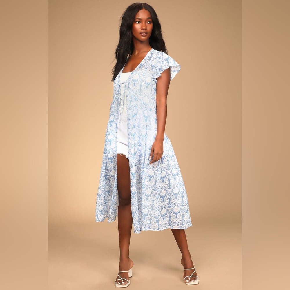 Tender Times Light Blue Floral Print Tie-Front Duster